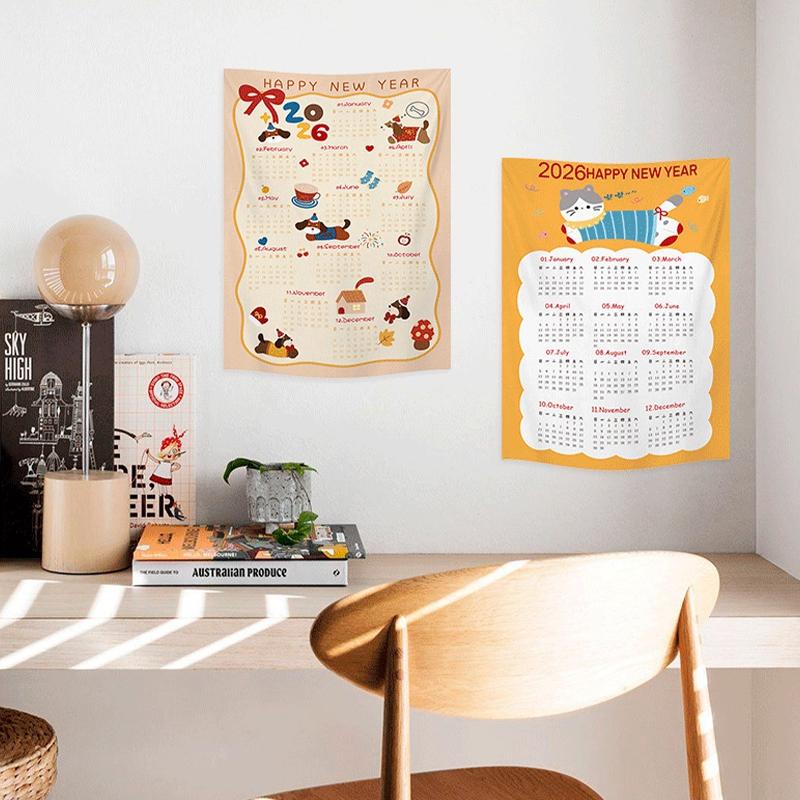 2026 Calendar Tapestry Hanging Cloth New Year Christmas Room Decoration Cartoon Animal Wall Background Hanging Cloth Decor