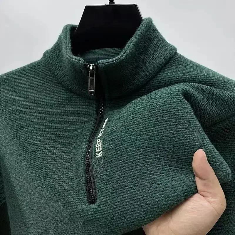 Gruba Ciepła Bluza Męska z Fleeceu, Półzamek Błyskawiczny, Haft z Literami, Stójka, Vintage Pulower, Luźny Sweter Sportowy Jogger