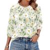 Women's Floral Print 3/4 Sleeve Round Neck Pleated Top Lightweight Casual Blouse Suitable for Daily Wear and Various Occasions