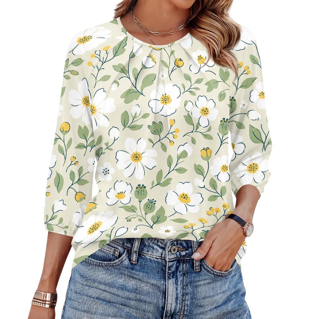 Women's Floral Print 3/4 Sleeve Round Neck Pleated Top Lightweight Casual Blouse Suitable for Daily Wear and Various Occasions