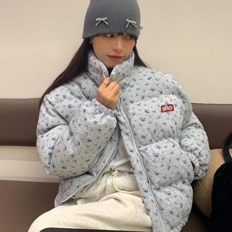 

Новая женская куртка с хлопковой набивкой на зиму, милая короткая куртка с цветочным принтом, корейская версия, свободная и утолщенная, универсальная куртка L