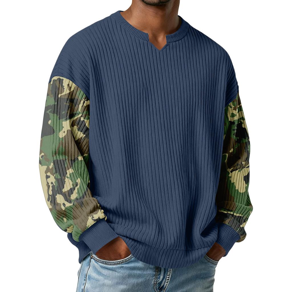 Men's Camouflage Stylish V-Neck Ribbed Textured Long-Sleeve T-Shirt