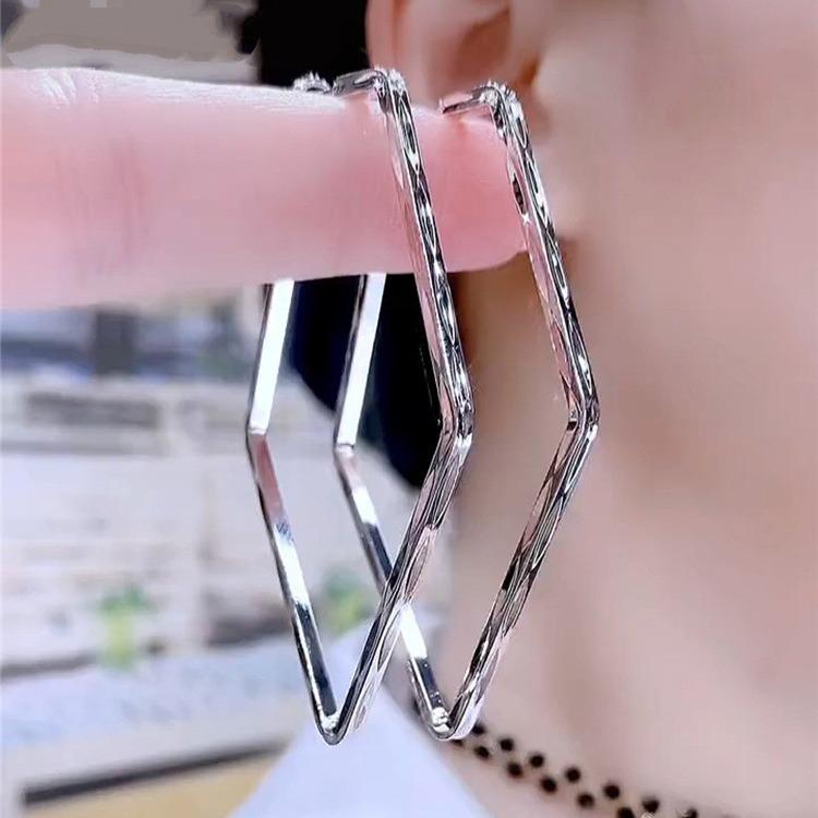 

European & American Geometric Rhombus Hoop Earrings - Silver Needle, Versatile Fashion Accessory for Women