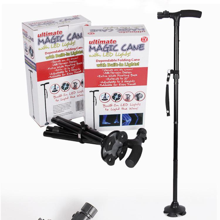 Telescopic Aluminum Alloy Four-Legged LED Folding Crutch for Elderly