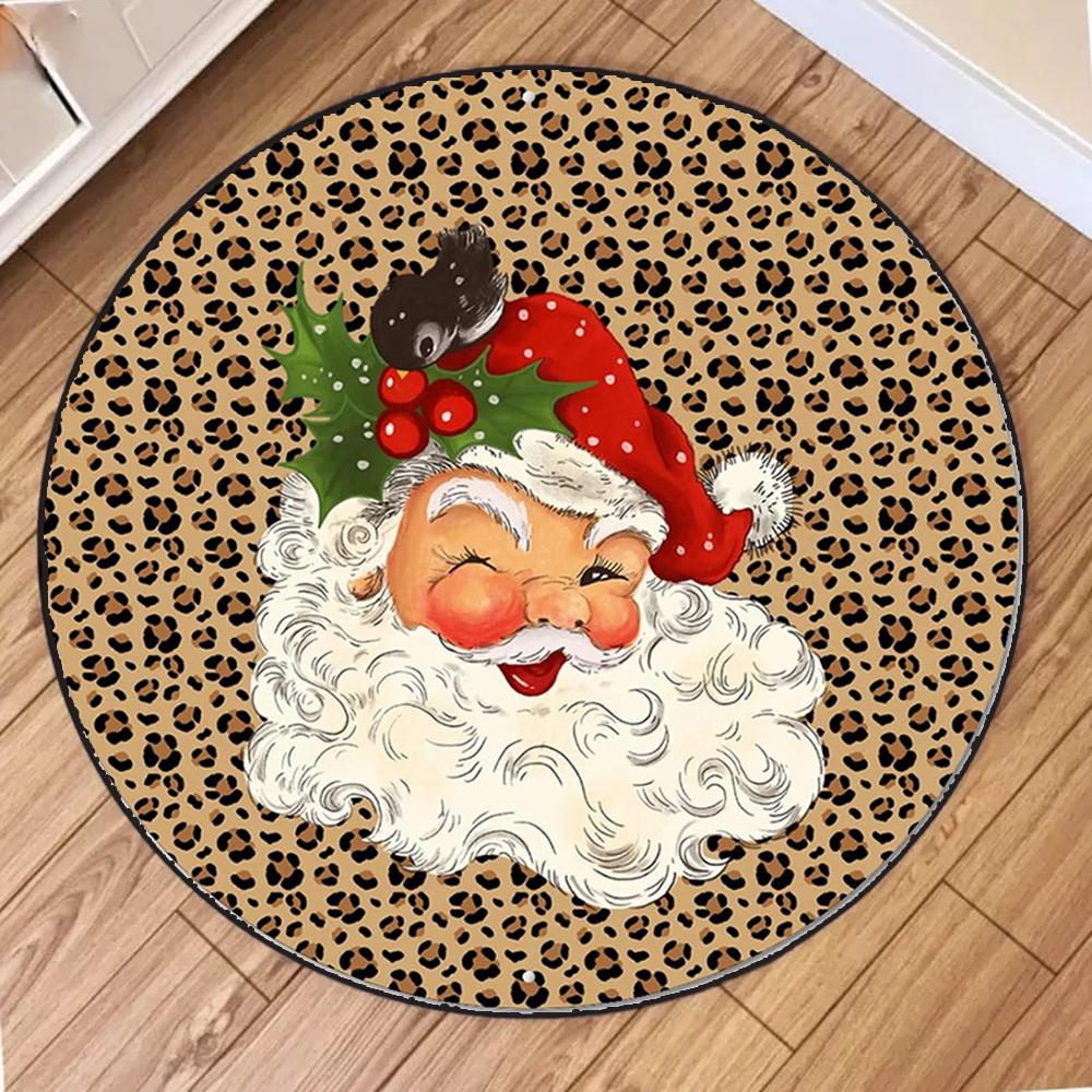 Cartoon Vintage Leopard Santa Claus Round Carpet Mat Rug Christmas Gift Bag Holly Home Decoration Living Room Bedroom Party
