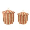 2PCS Woven Storage Basket with Lid Sturdy Iron Frame Red Vintage Decorative Rattan Floor Basket for