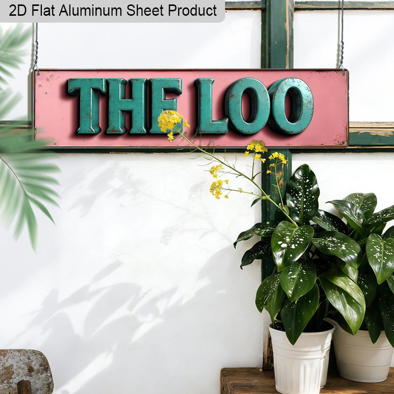 2D Flat 1pc Vintage British Humor Aluminum Sign "THE LOO" with Distressed Pink Background & Green Letters 15.7x3.94 Inch, Retro Metal Wall Plaque for