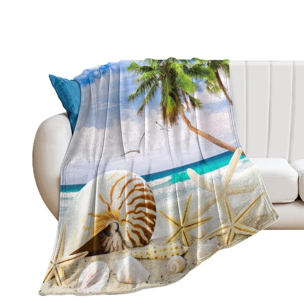 Beach Throw Blanket, Ocean Beach Theme Seashell Travel Blanket for Living Room Sofa Bed Office Soft Cozy Plush Flannel Blanket