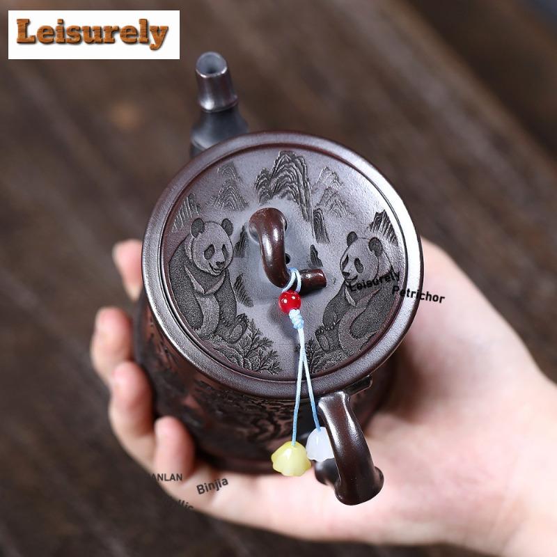 260ml Yixing Purple Clay Teapots Handmade Panda Pot Raw Ore Antique Black Mud Tea Making Kettle with Strainer Zisha Tea Set Cha
