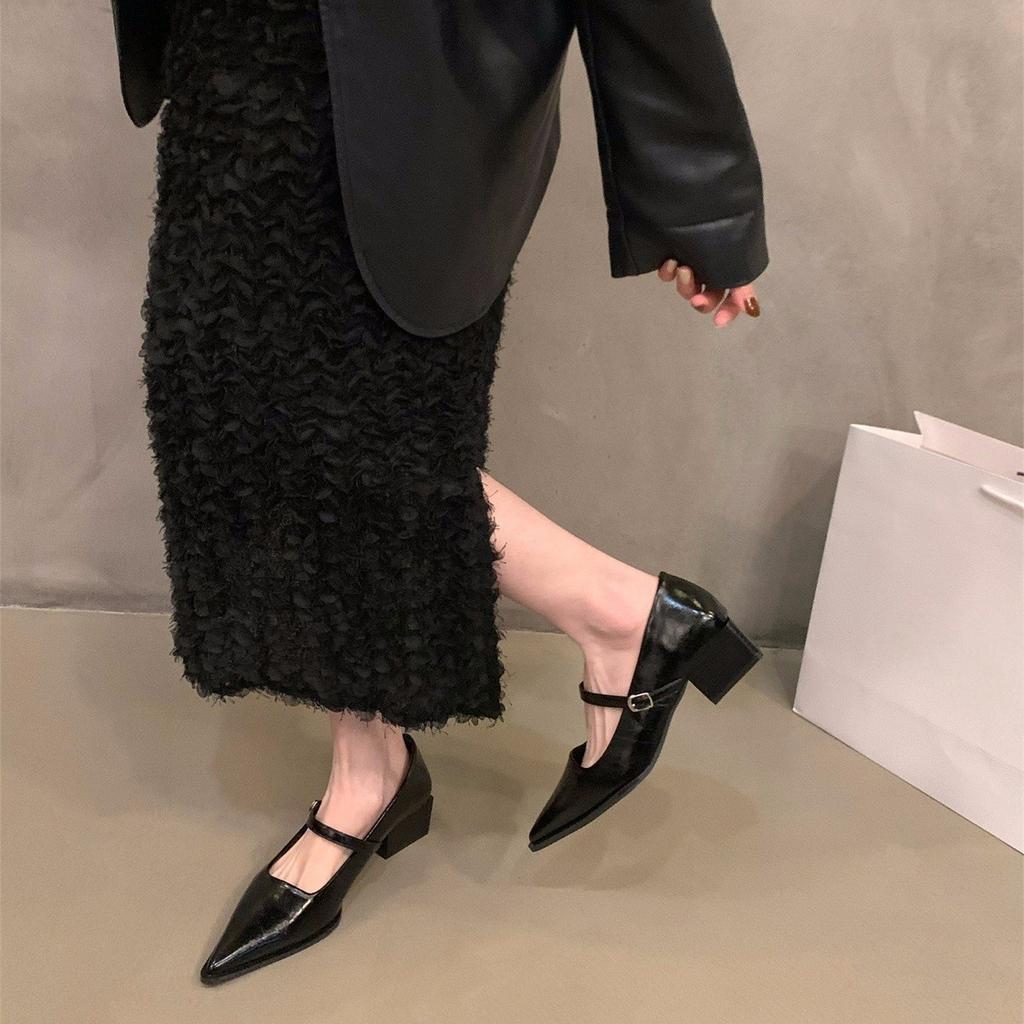 Chaussures simples à talon moyen-haut pointues noires, tempérament français, chaussures pour femmes, printemps, automne, hiver, Mary Jane, chaussures de soirée