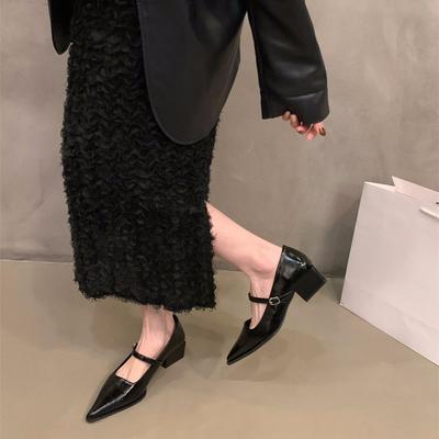 Zapatos de tacón medio alto de punta negra de temperamento francés para mujer, zapatos de primavera, otoño, invierno, Mary Jane, zapatos de noche