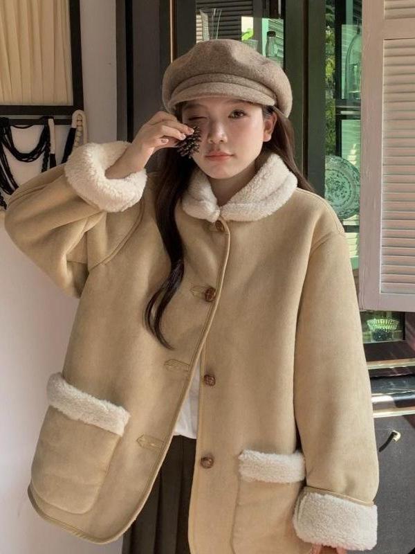 Women's Retro Faux Lamb Wool Coat - Winter Style with Plus Velvet, Thick Suede, and College-Aesthetic Fur