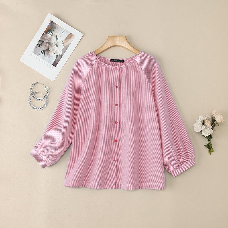 

ZANZEA Женская свободная блузка с круглым вырезом, повседневная, с длинным рукавом, в полоску 4XL темно-розовый