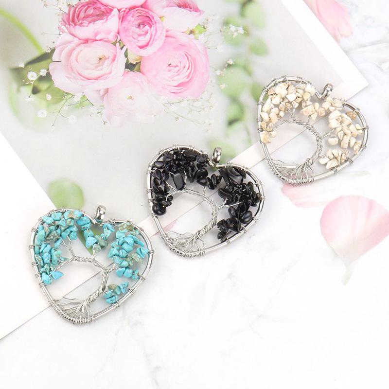 Seven-Color Heart-Shaped Tree of Life Necklace with Natural Stone Crystals