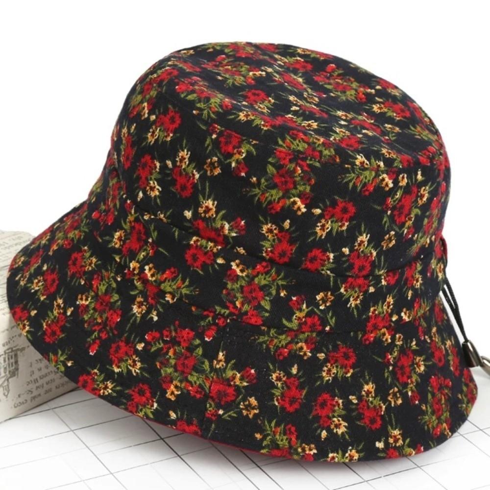 Fashion Cotton Material Women Bucket Hat Floral Print Foldable Fisherman Hat Sun Protection Adjustable Beach Cap Summer