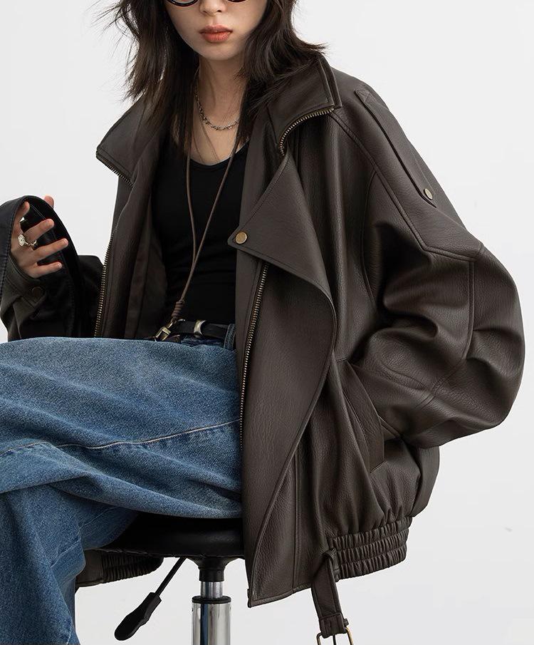 

CHICVEN Roaming in Autumn ретро-куртка из искусственной кожи с воротником-стойкой Medium