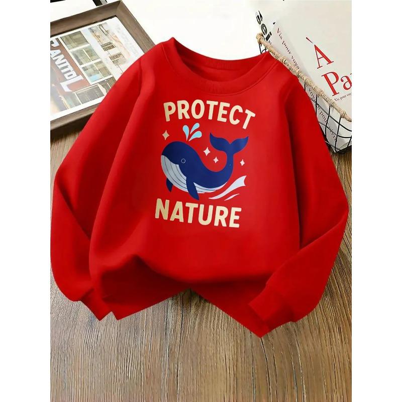 European Sizes Protect Nature Whale Ocean Girls' Fashionable Crewneck Sweatshirt, Western Top, Children's Long Sleeved Casual Tee
