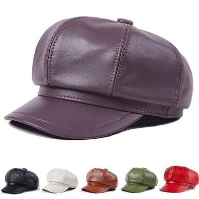 Autumn and Winter Octagonal Hat, Sheepskin Painter's Hat, Leather Hat, Female Beret