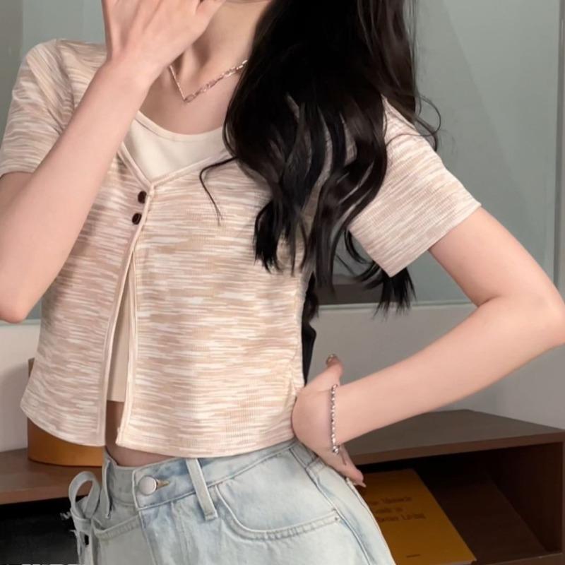 

Women s Fake Two-piece T-shirts V-neck Irregular Striped Button Famale T-shirts Casual Comfortable Ladies Short Sleeved Top XL