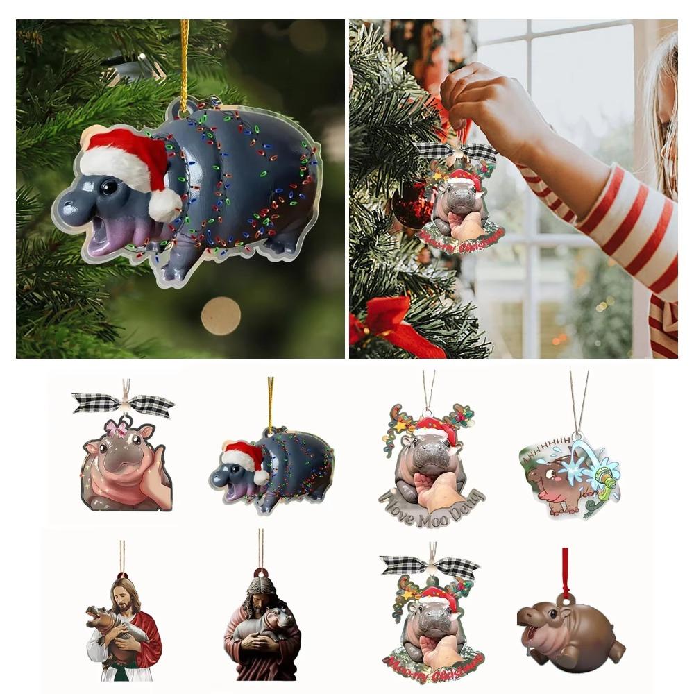Cartoon Moo Deng Christmas Hippo Resin Figurine Pygmy Kawaii Xmas Tree Pendant Home Decoration Moo Deng Toy