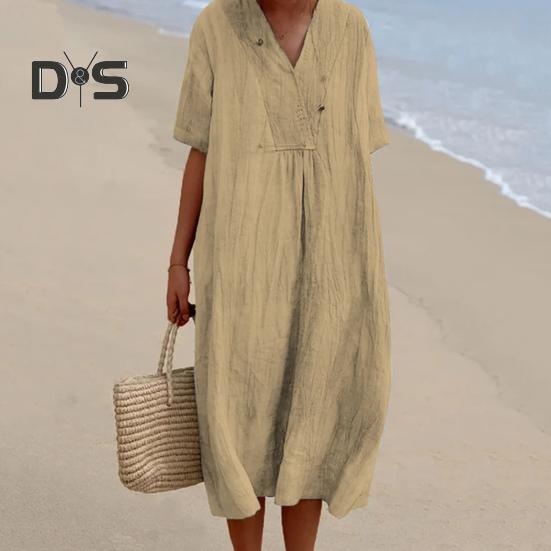 Summer Women Dress V Neck Short Sleeves A-line Solid Color Big Hem Loose Pullover Casual Daily Wear Midi Dress Dating Commuting Long Dress