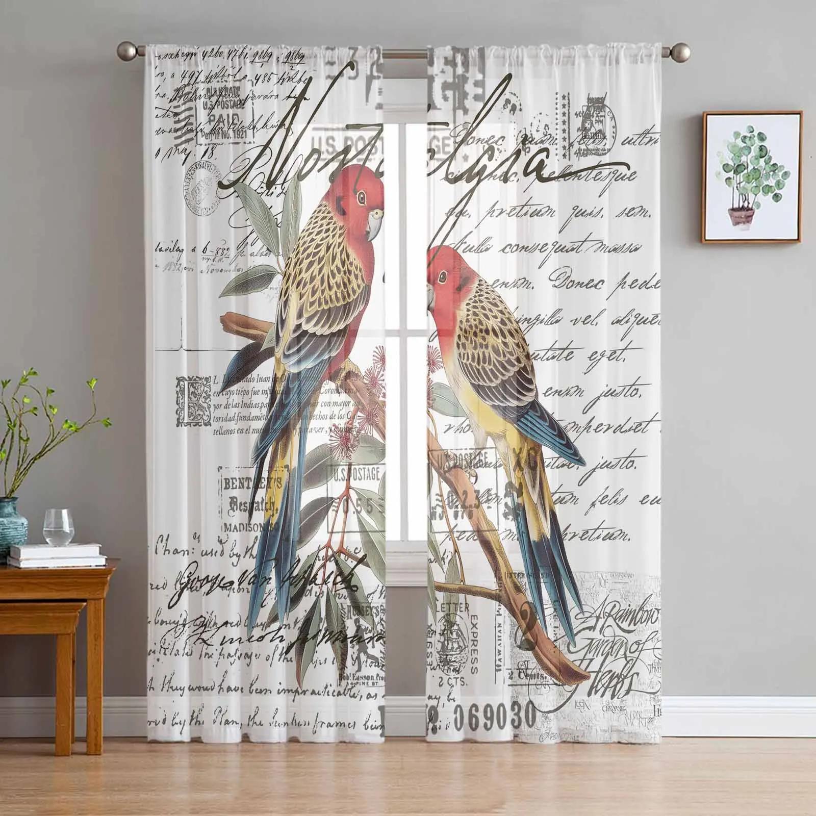 Sommer Grüne Blätter Vogel Aquarell Transparente Vorhänge für Wohnzimmer Dekoration Fenstervorhang Küche Tüll Voile Organza Drapierungen W135 x H274cm x1&Grommet Top