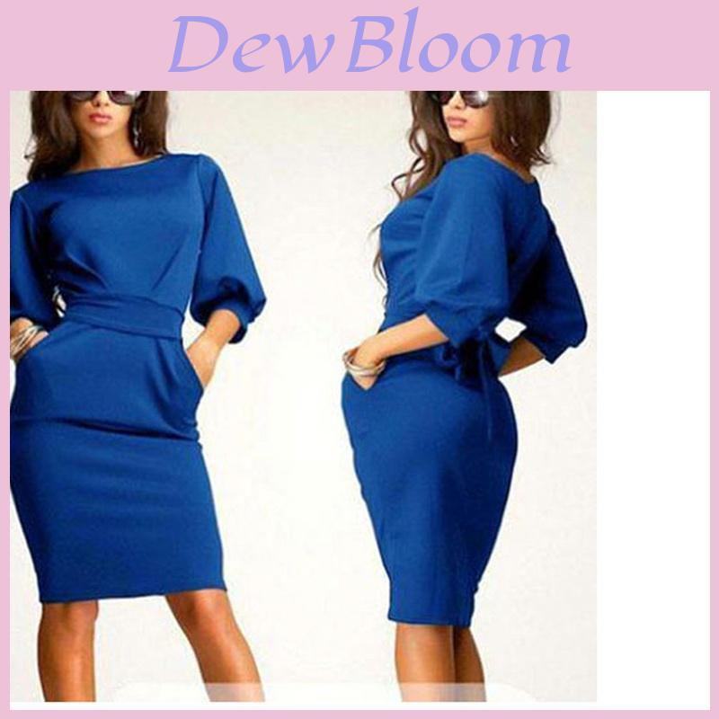 Elegant Women Fashion Sexy Fifth Sleeve Round Neck Pocket Bodycon Cocktail Dress