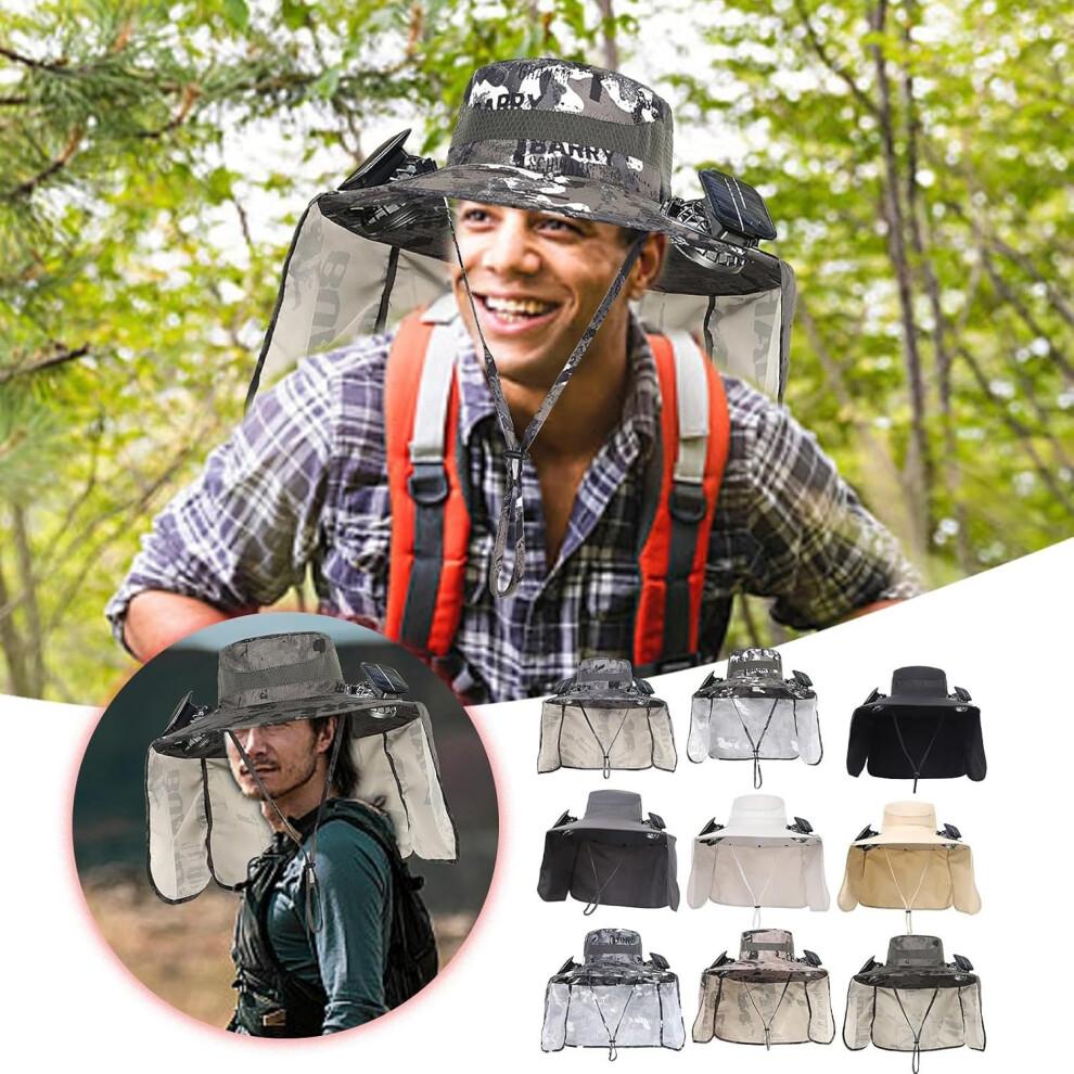 (Light Gray) Wide Brim Solar Fan Hat, Fishing Hat with Fans, Sun Hats with 2 Solar Fans, Lightweight & Breathable Men's Sun Hat for Summer Outdoor