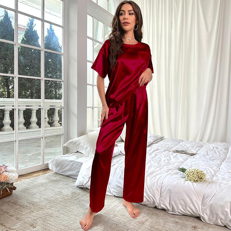 Yaoting Women's Summer Ice Silk Pajama Set - Short Sleeve Top & Long Pants, Loose Fit Casual Homewear 3147