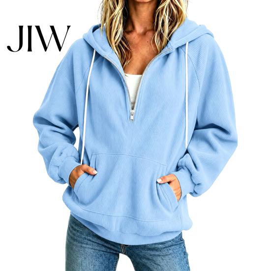 Comfortable Loungewear Top Womens Quarter Zip Hoodie, Oversized Loose Fit Long Sleeve Sweatshirt with Lightweight Breathable Jacket Drawstring Hood