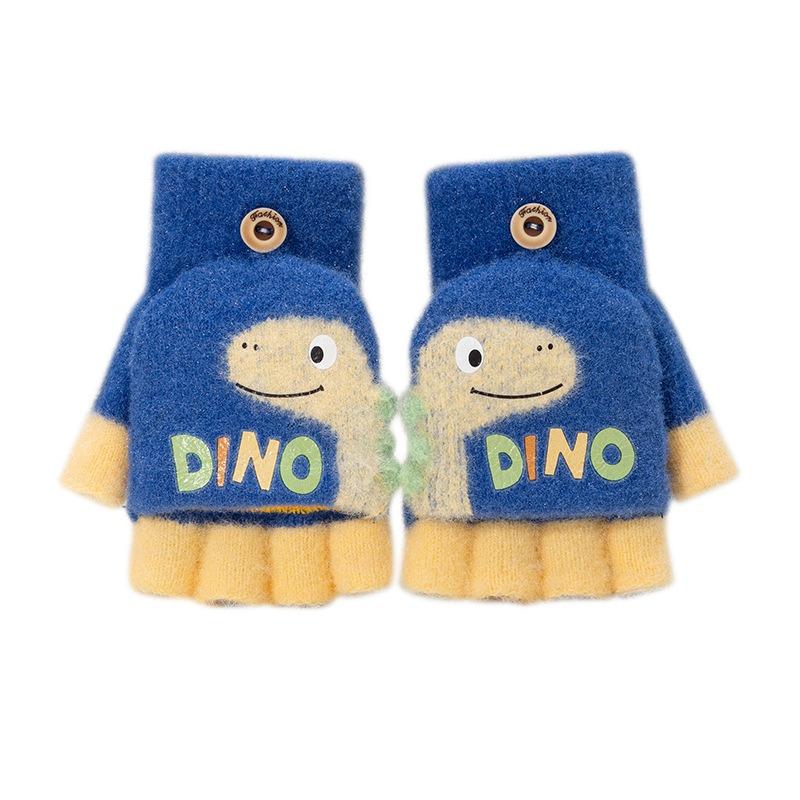 Boys Winter Knitting Cute Dinosaur Kindergarten Half Finger Flip Writing Cold Wool Children's Warm Gloves