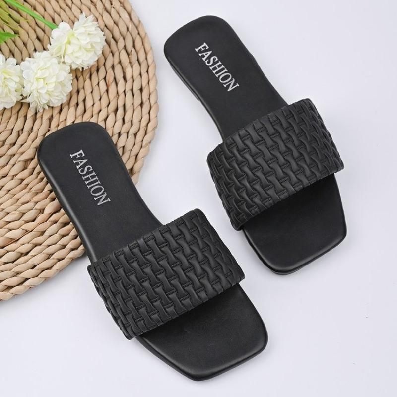 Women Slippers Summer Fashion Beach Mules Casual Indoor Home Slippers Selling Sexy Braided Square Toe Flat Sandals Slides Women