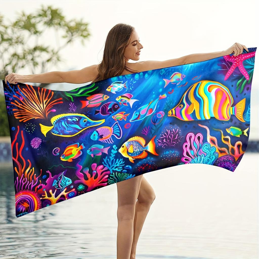 Colorful Tropical Fish Beach Towel, Vibrant Underwater Ocean Art, Soft Microfiber Towel For Pool & Beach, Fun Summer Accessory