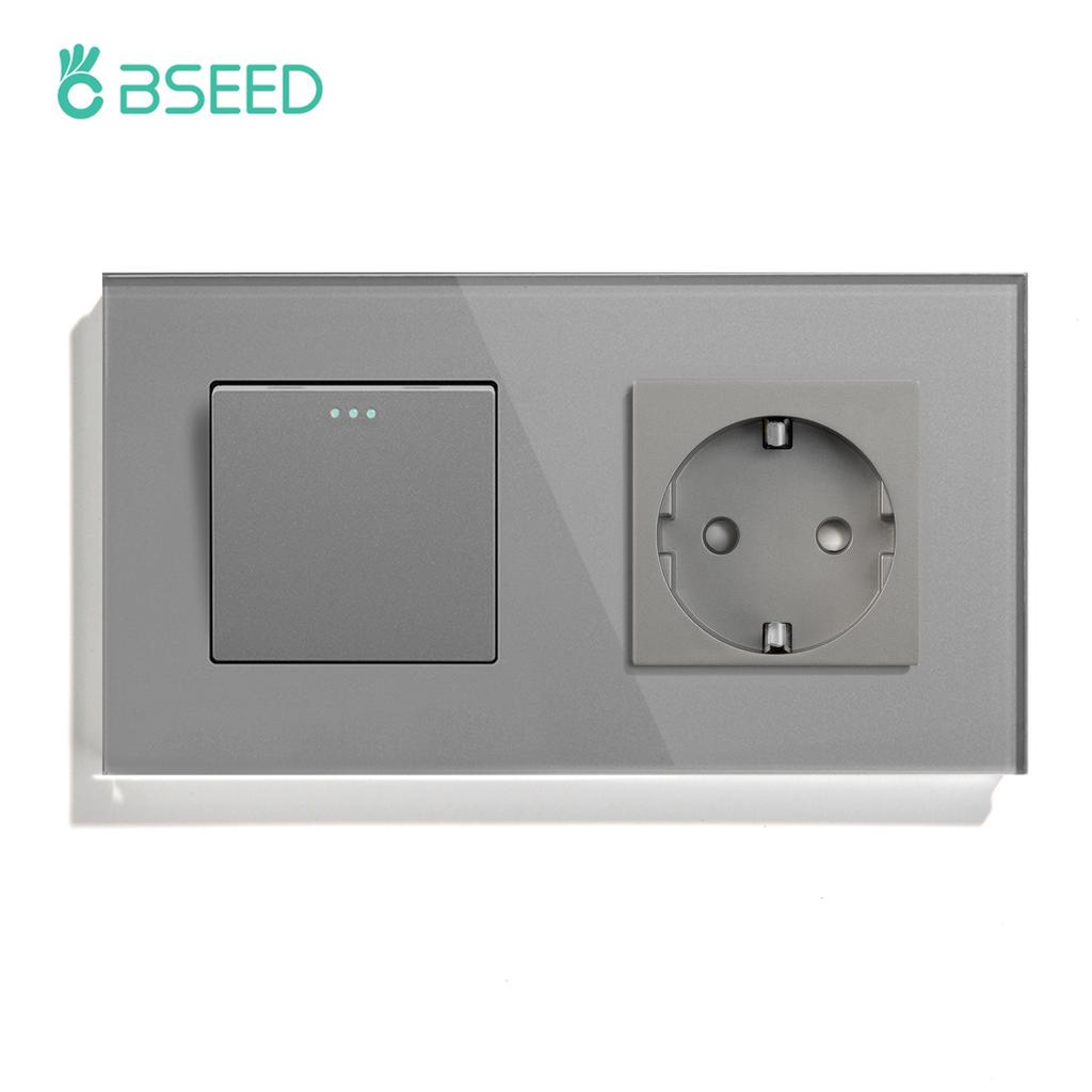 BSEED 1/2/3Gang Mechanical Light Switches 1Way Plus Wall Socket Type-c USB Power Outlets Crystal Glass Frame EU Standard Gray
