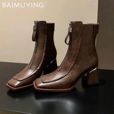 Hoge Hakken Sneeuw Enkellaarsjes voor Dames Chunky Leren Schoenen Vrouw 2025 Trend Winter Pumps Goth Punk Motorlaarzen Dames