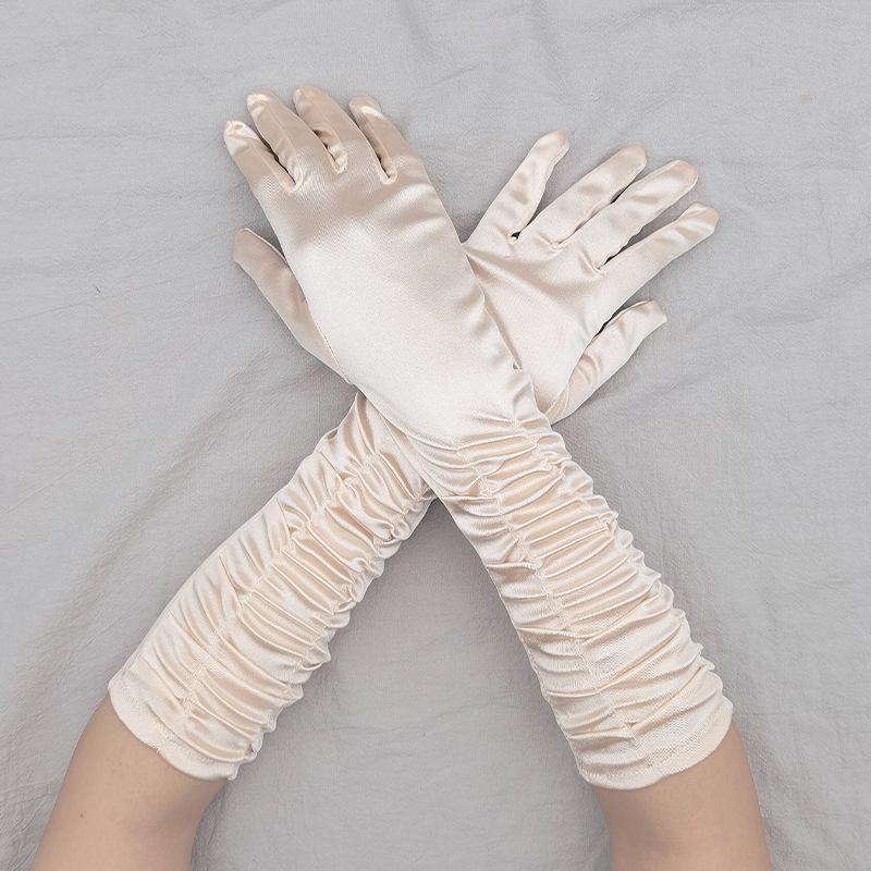 Luvas de Noiva para Casamento Senhoras Enrugadas Vestido para Apresentação de Palco Luvas de Casamento Luvas de Cetim