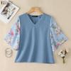 ZANZEA Damen Lässige V-Ausschnitt Print Patchwork 3/4 Ärmel Lockere Bluse