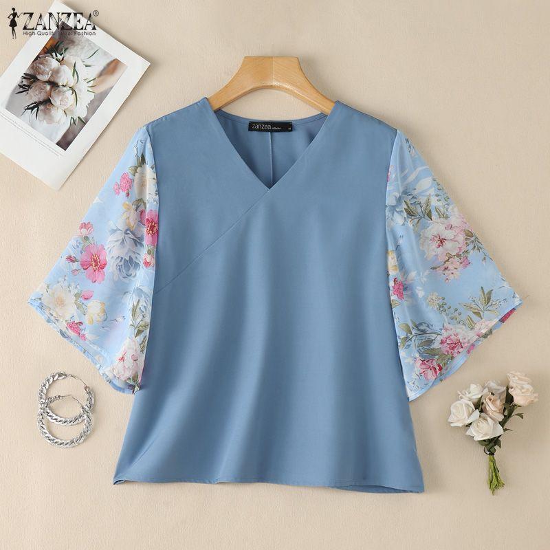 ZANZEA Damen Lässige V-Ausschnitt Print Patchwork 3/4 Ärmel Lockere Bluse