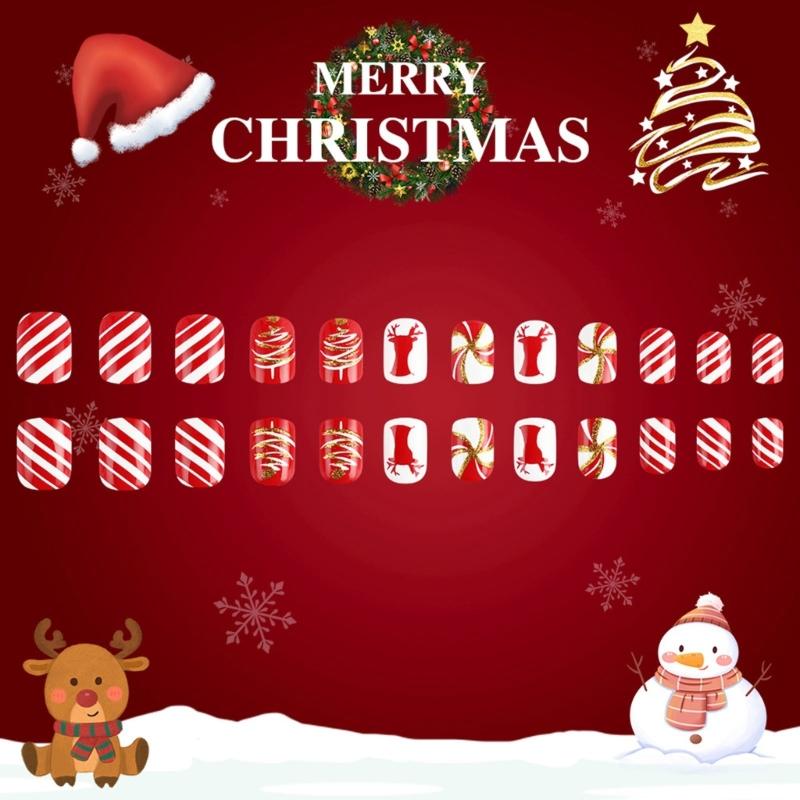 Christmas Short Square False Acrylic Nails with Elk Snowflake Designs and Winter Artificial Nail Art for Women and Girls