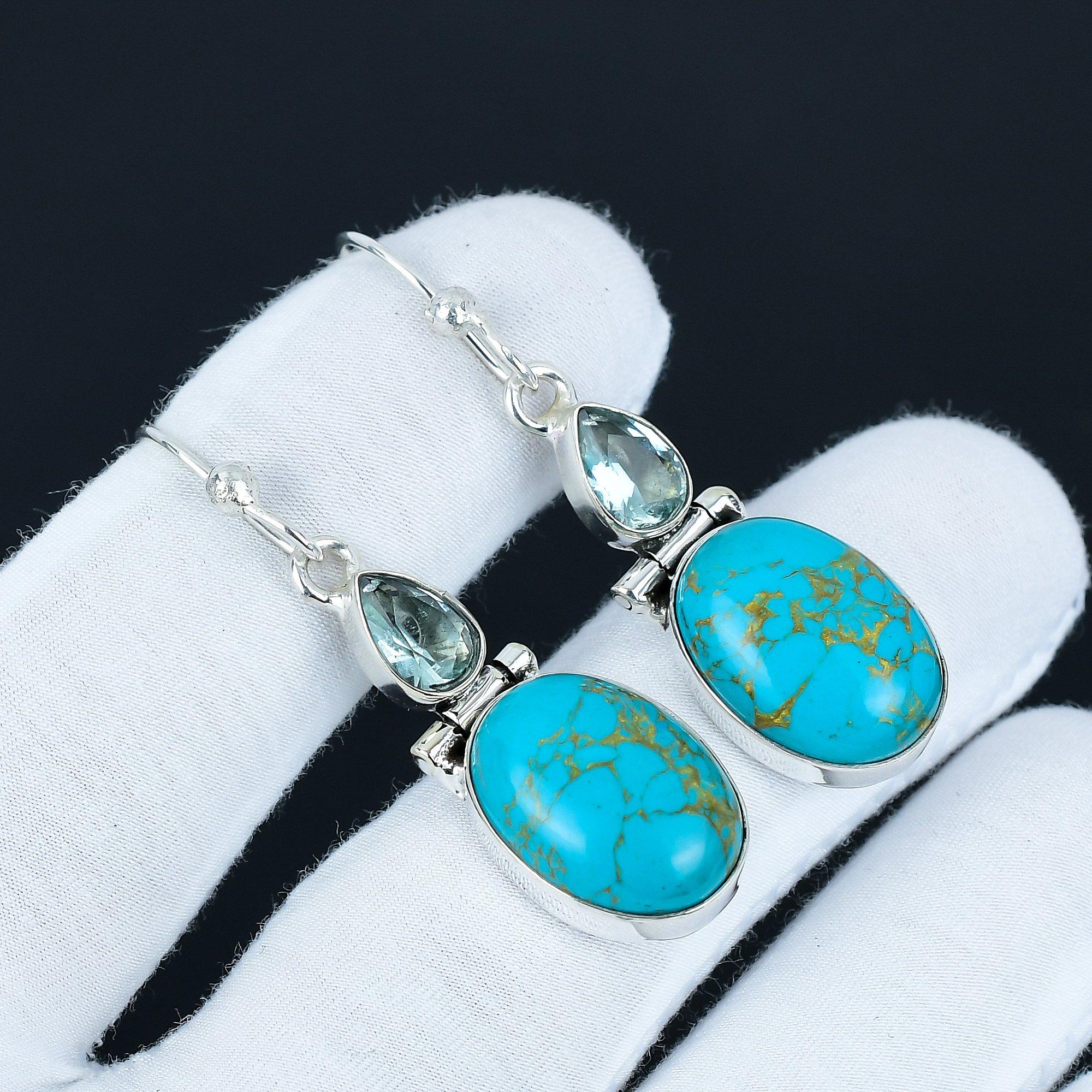 

Серьги с голубой медной бирюзой и аквамарином, серьги из стерлингового серебра 925 пробы, украшения на каждый день, серьги-подвески для подарков 5.5 Cm синий