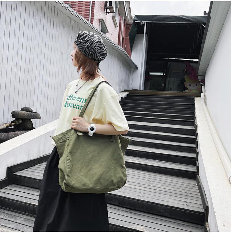 Japanese Minimalist Canvas Shoulder Bag: Large Capacity, Solid Color, Versatile for Shopping or School