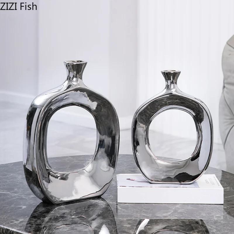 Modern Ceramic Vase Hollow Out Silver Flower Arrangement Accessories Golden Flower Vase Home Decoration Wedding Accessories