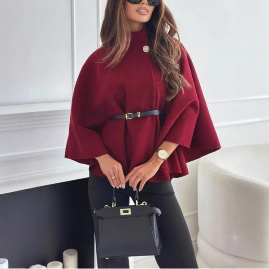 Moda Invernale Donna Stile Elegante Colore Puro Cintura con Cintura Cappotto Mantella in Lana