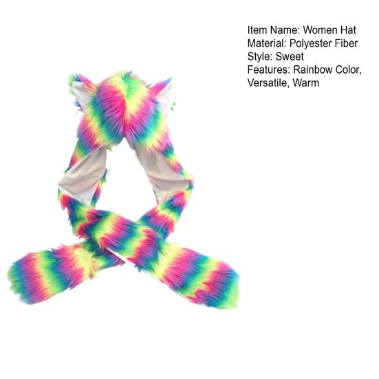 Women Hat Rainbow Color Imitation Fur 3 in 1 Hat Scarf Gloves Winter Warm Hat Home Outdoor Work Street Wear