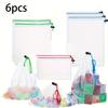 6pcs Mesh Storage and Organizer Bags, Washable Shopping Bags for Toy, Fruit and Vegetable Storage, Drawstring Reusable Mesh Bags