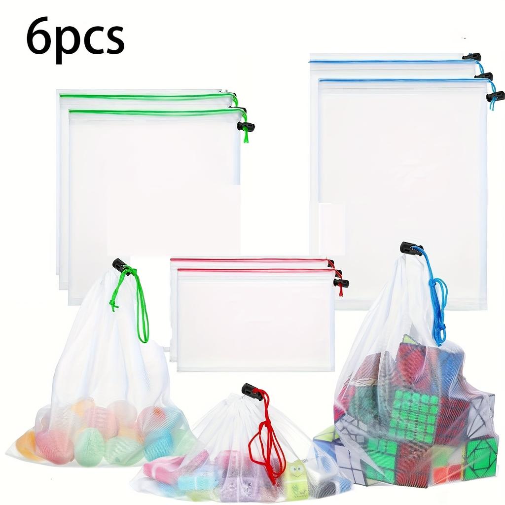 6pcs Mesh Storage and Organizer Bags, Washable Shopping Bags for Toy, Fruit and Vegetable Storage, Drawstring Reusable Mesh Bags