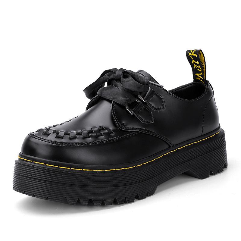 

Martin boot hole muffin shoes new thick sole heightening small leather shoes lace up 34 чёрный