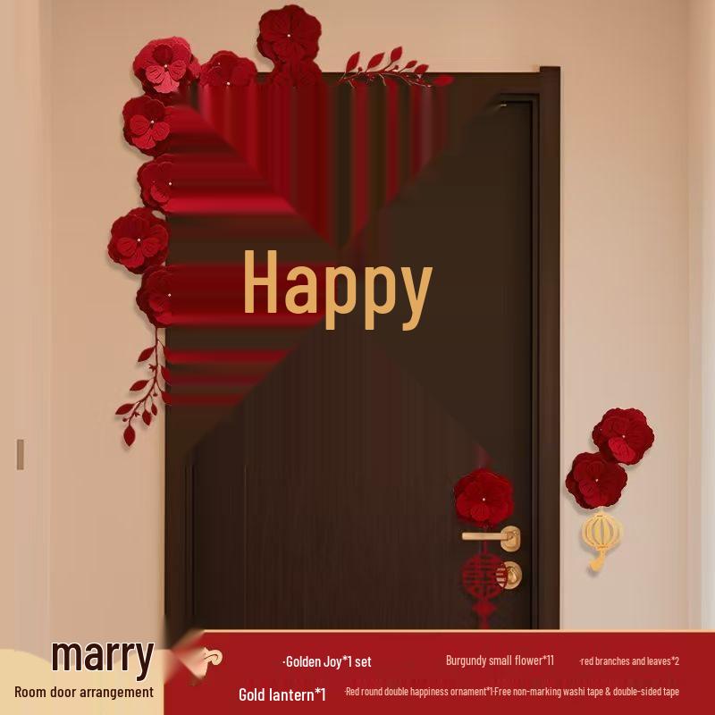 Wedding Decoration Set: Groom & Bride Xi Character Door Stickers & Hanging Ornaments