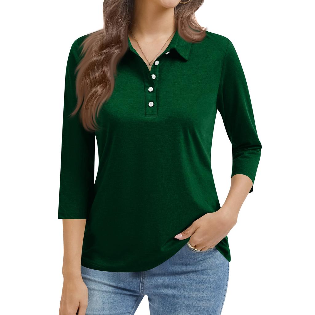 Women's Fashion Casual Lapel Short 3/4 Sleeve Color Shirt Women's Button Up Tops