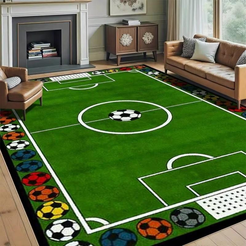 Green Soccer Field Football Print Large Area Rug Soft Flannel Non Slip Floor Carpet for Kids Playroom Living Room Sports Home